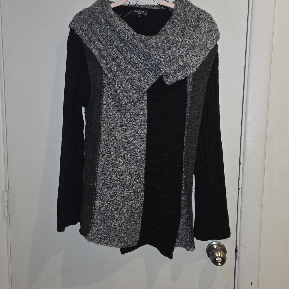 Silvia Novelli Black and Gray Wool Cowl Neck Cardigan Sweater XL